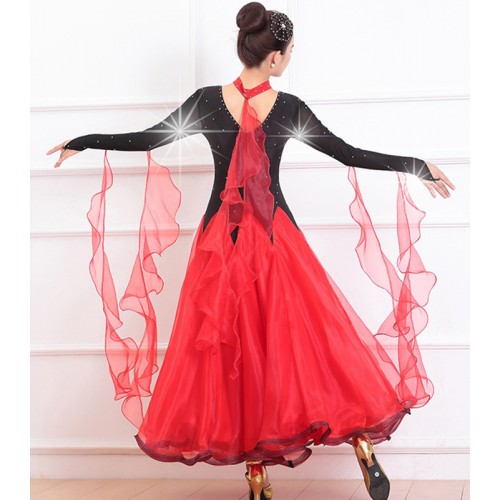 Women girls Black with white red competition ballroom dance dress team competition waltz tango dress with diamond foxtrot smooth dance costumes for woman